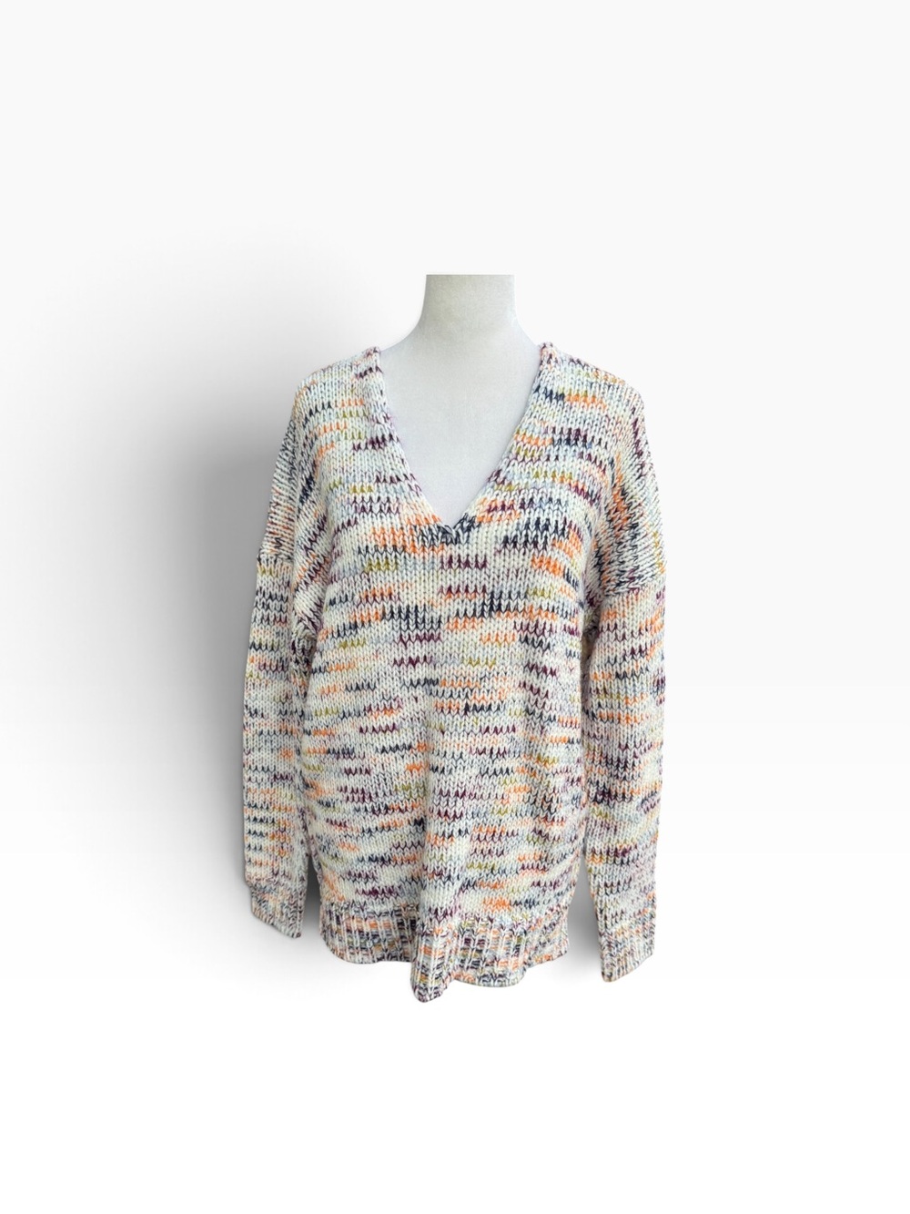 Talbots Multicolor V-Neck Knit Sweater in Cream, Navy & Orange M